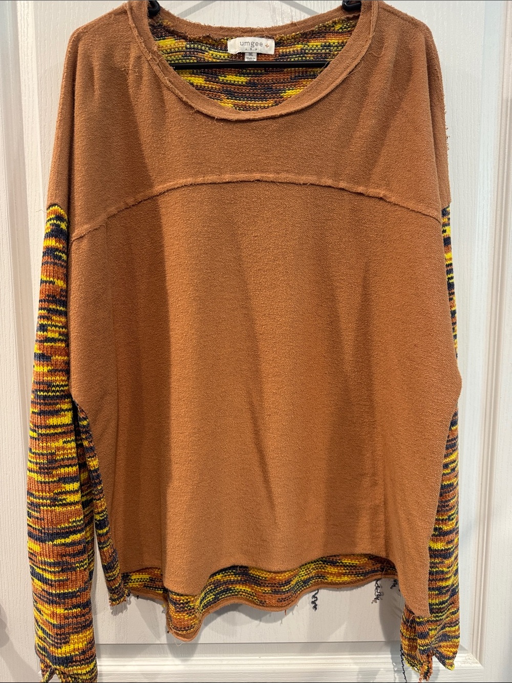Umgee Rust Pullover with Multicolor Knit Sleeves